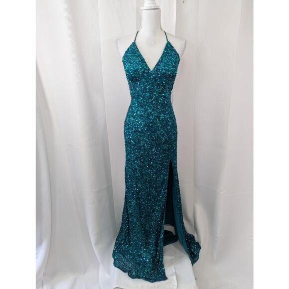 CHANDALIER LOS ANGELES! TEAL SEQUIN EMBELLISHED SHEATH GOWN, THIGH SLIT! SZ 10 - Picture 3 of 10
